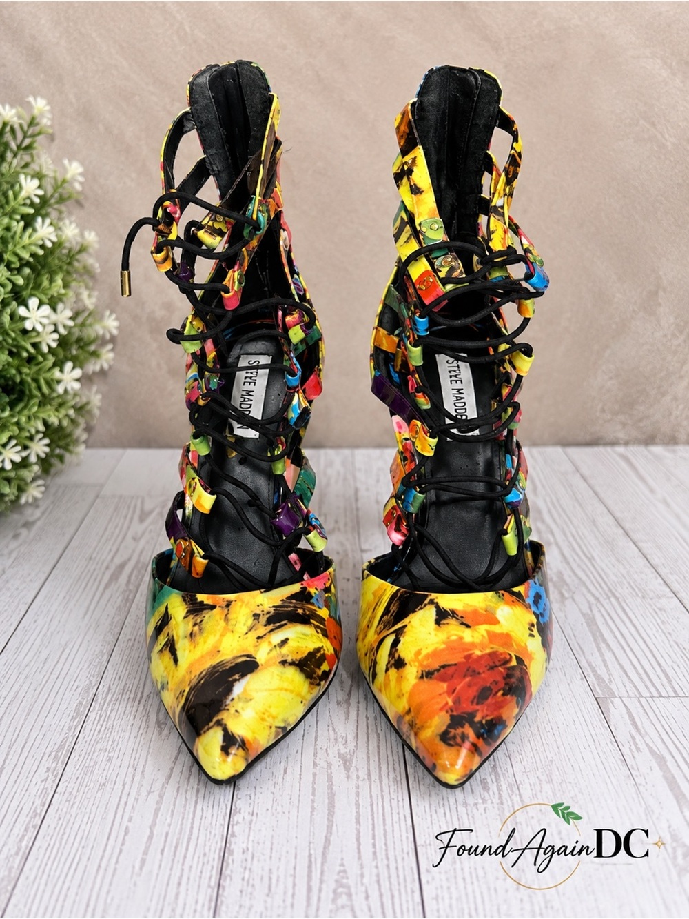 Steve Madden Multicolor Lace-Up Pointed Toe Heels - Yellow & Black Accents